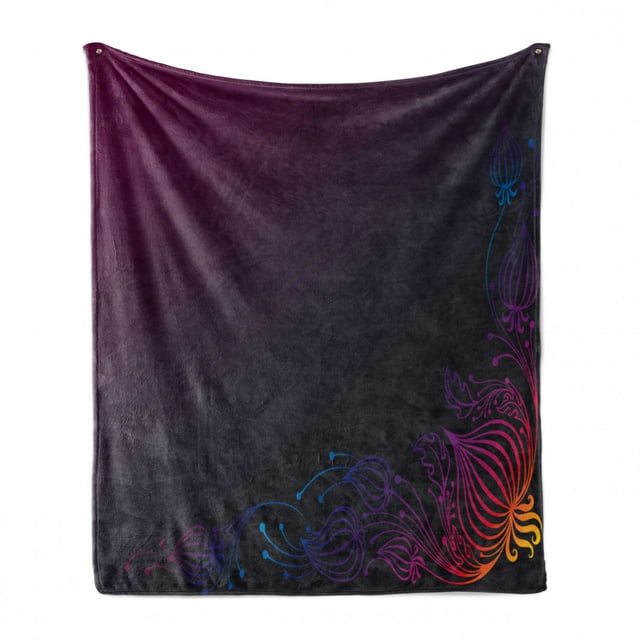 Indigo Soft Flannel Fleece Blanket, Rainbow Colored Image with Dark Black Purple Ombre Backdrop Flower Like Swirls Art, Cozy Plush for Indoor and Outdoor Use, 60" x 80", Multicolor, by Ambesonne