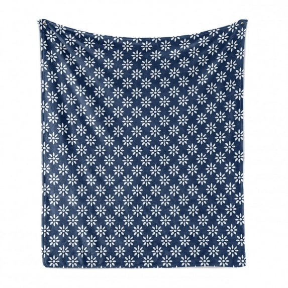 Indigo Soft Flannel Fleece Throw Blanket, Greek House Tile Inspired Image Spring Daisy Like Floral Details, Cozy Plush for Indoor and Outdoor Use, 70" x 90", Navy Blue and White, by Ambesonne