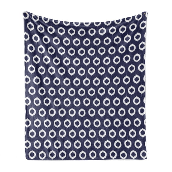 Indigo Soft Flannel Fleece Throw Blanket, Grunge Abstact Geometrical Design with Sketchy Round Rectangulars Image, Cozy Plush for Indoor and Outdoor Use, 50" x 70", Dark Blue and White, by Ambesonne
