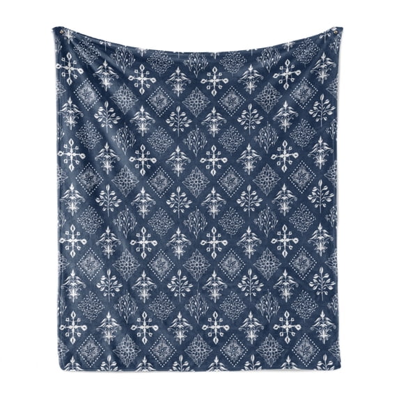Indigo Soft Flannel Fleece Throw Blanket, Mediterranean Floral Leaf Swirl Detailed Rectangular Armor Design Image, Cozy Plush for Indoor and Outdoor Use, 50" x 70", Navy Blue and White, by Ambesonne