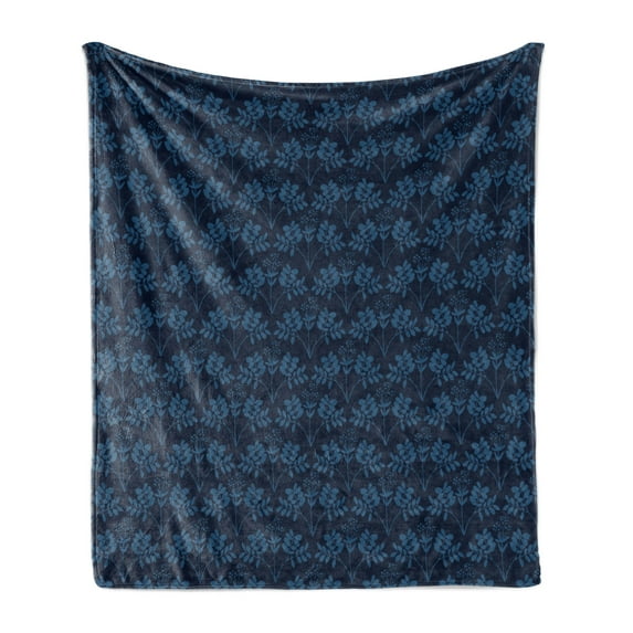 Indigo Soft Flannel Fleece Throw Blanket, Ocean Inspired Garden Botanic Floral Details Leaves Buds Image Print, Cozy Plush for Indoor and Outdoor Use, 50" x 60", Dark Blue Violet Blue, by Ambesonne