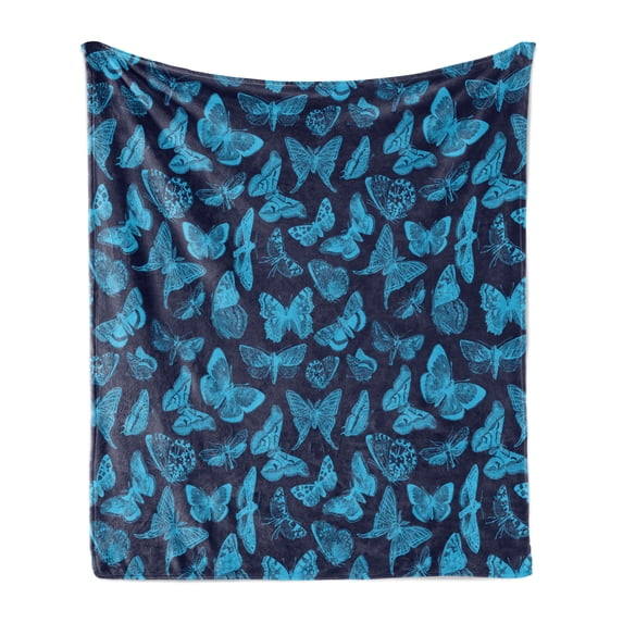 Indigo Soft Flannel Fleece Throw Blanket, Spring Time Sketchy Hand Drawn Butterflies Bugs Dragonfly Art Print, Cozy Plush for Indoor and Outdoor Use, 50" x 60", Pale Blue and Dark Blue, by Ambesonne