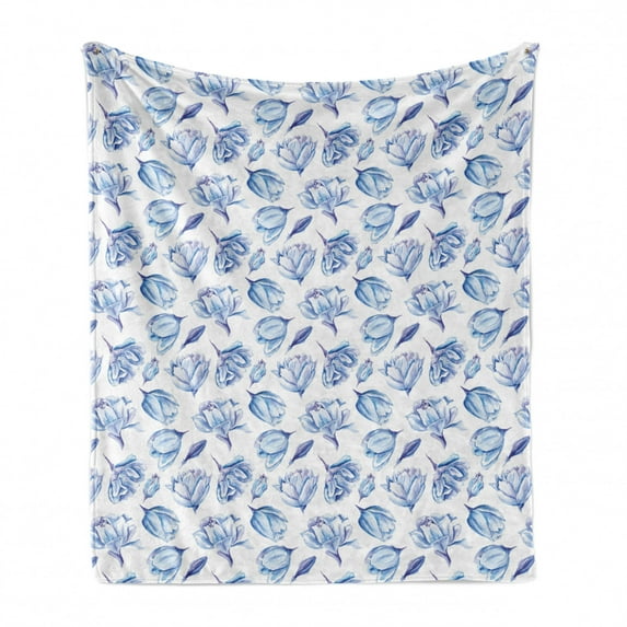 Indigo Soft Flannel Fleece Throw Blanket, Summer Theme Watercolor Blurry Hand Drawn Buds Flowers Roses Seem Image, Cozy Plush for Indoor and Outdoor Use, 50" x 60", Pale Blue and White, by Ambesonne