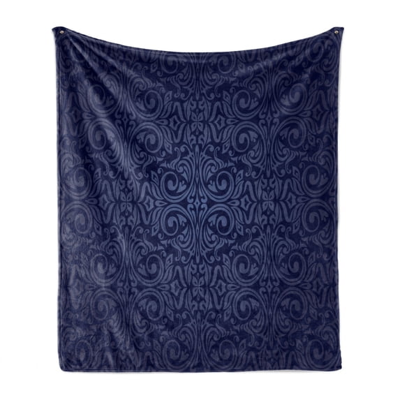 Indigo Soft Flannel Fleece Throw Blanket, Victorian Vintage Royal Times Inspired Floral Leaves Swirls Image Artprint, Cozy Plush for Indoor and Outdoor Use, 50" x 70", Dark Blue, by Ambesonne