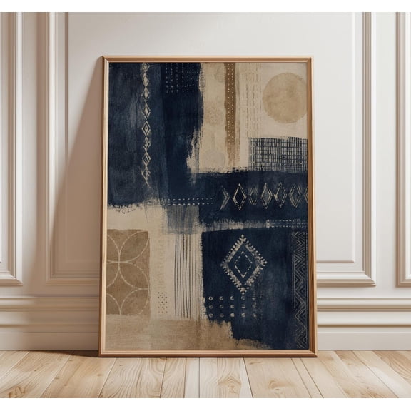 Indigo Textile Wall Art Afro Boho Abstract Art Navy Beige Bohemian Decor Earthy Geometric Wall Art, Unframed Paper Print