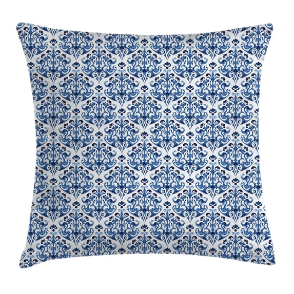 Indigo Throw Pillow Cushion Cover, Ancient Victorian Style Indian Floral Design Vintage Print, Decorative Square Accent Pillow Case, 24 X 24 Inches, Petrol Blue Turquoise and White, by Ambesonne