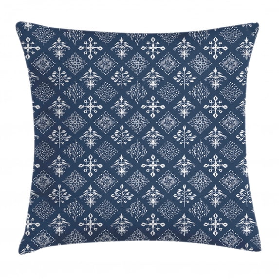 Indigo Throw Pillow Cushion Cover, Mediterranean Floral Leaf Swirl Detailed Rectangular Armor Design Image, Decorative Square Accent Pillow Case, 24 X 24 Inches, Navy Blue and White, by Ambesonne