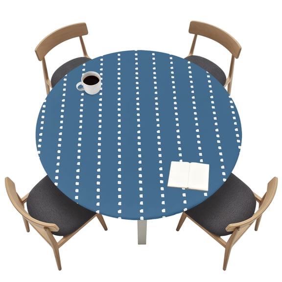 Indigo Ticking Round Fitted Tablecloth with Elastic Edged, Modern Clean Verticality Waterproof Table Cover for Dinner Outdoor Picnic Fits Round Tables up to 45"- 54" Diameter