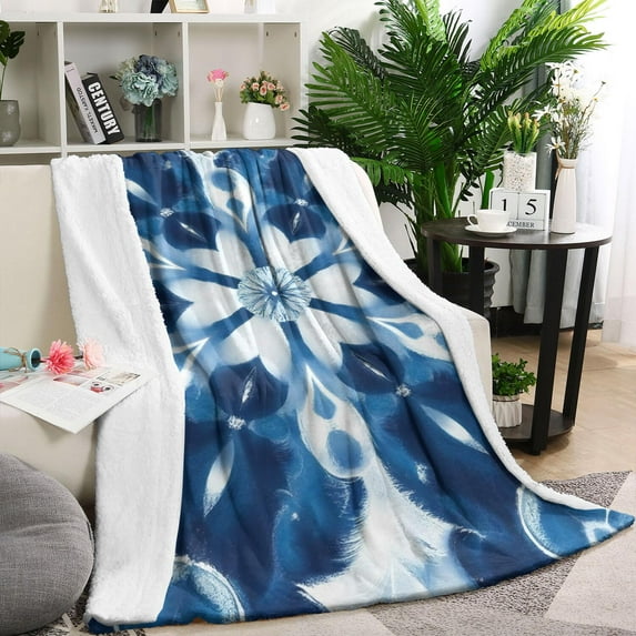 Indigo Tie Dye Floral Mandala Blanket,Comfortable Soft Flannel Throw Blanket,All Season,Warm Lightweight Blankets for Sofa Bed Couch Living Room Chair,40"x50"