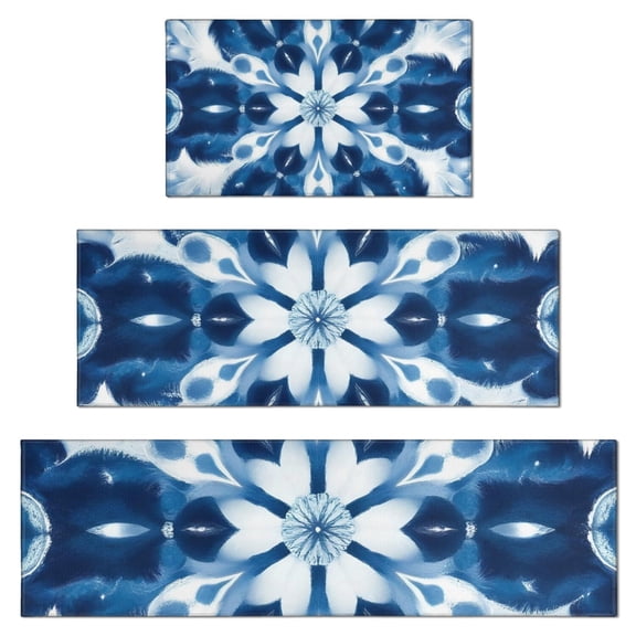 Indigo Tie Dye Floral Mandala Kitchen Rugs Sets Of 3,Kitchen Runner Rugs Non Skid Washable,Decorative Kitchen Floor Mats for Kitchen,Sink,Laundry,17"x30"+ 17"x47" + 17"x59"