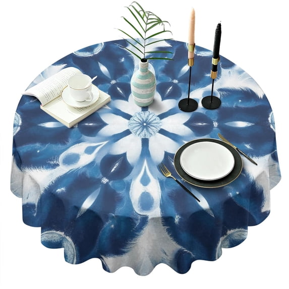 Indigo Tie Dye Floral Mandala Round Tablecloth 60"x60",Wrinkle Wipeable Table Cloth for Kitchen Dining Room Picnic Patio Party