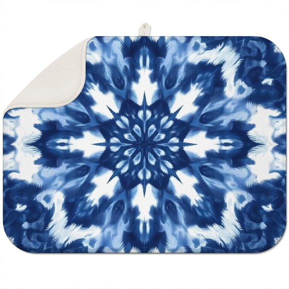 Indigo Tie Dye Snowflake Dish Drying Mat for Kitchen 1 Pack, Ultra Absorbent Microfiber Dishes Drainer Mats,18"x24"