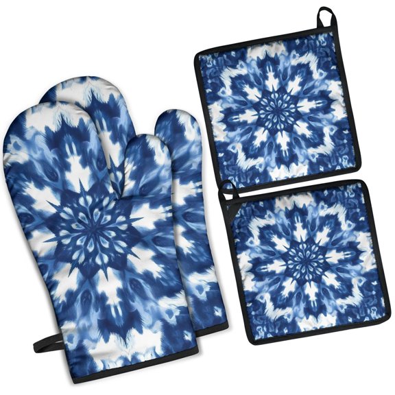 Indigo Tie Dye Snowflake Kitchen Oven Mitt and Pot Holder Sets 4 Pcs for Baking, Cooking and Grilling, Heat Resistant Up To 392 °F