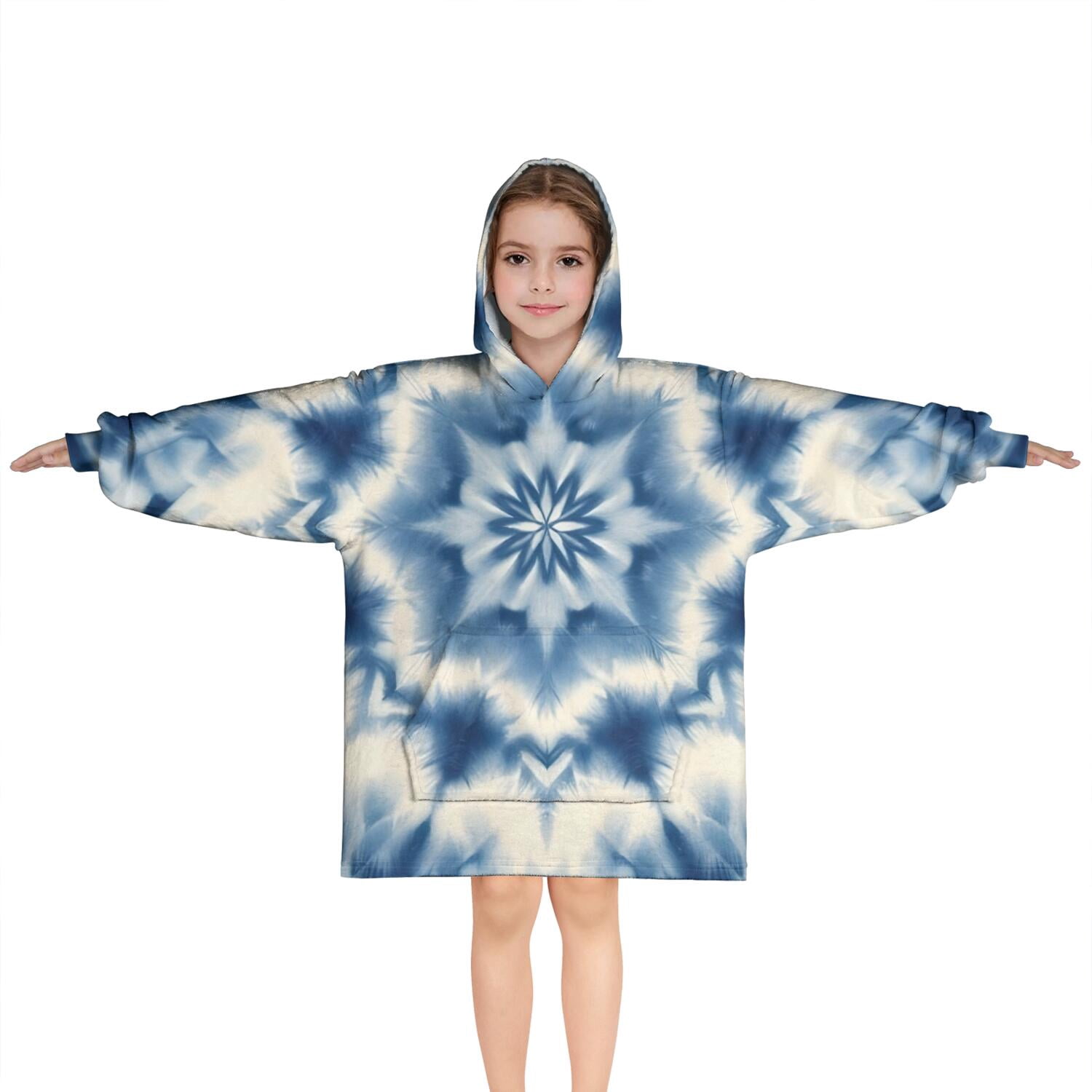 Indigo Tie Dye Star Blanket Hoodies for Kids 6-13YR Oversize Wearable Blanket Hoodies for Boys Girls Teens