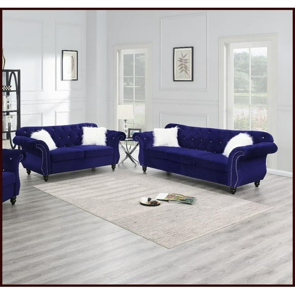 Indigo Velvet 2-Piece Sofa Set | Crystal Tufted Living Room Furniture with Silver Nailhead Trim (Sofa + Loveseat)
