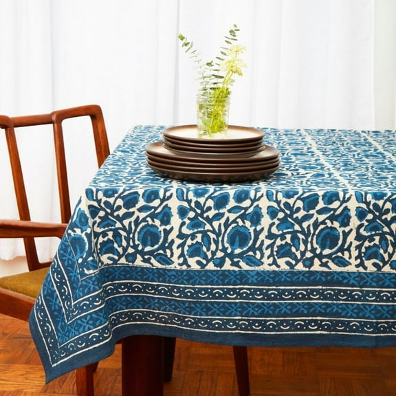 Indigo Vine Block Print 90 x 60 Rectangle Tablecloth