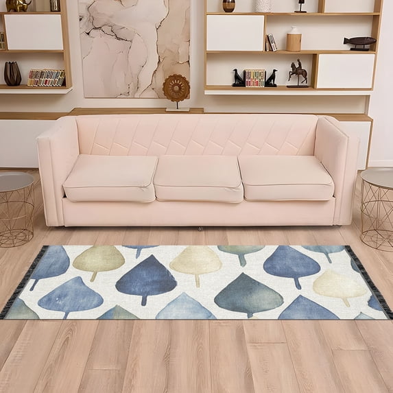 Indigo Watercolor Leaves 72x23.5" Bedroom Runner Rug, Durable and Non-Slip for Hallways and Living Rooms