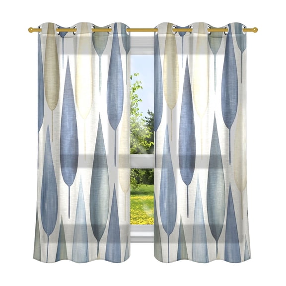 Indigo Watercolor Leaves Breathable Sheer Curtains 63x52in Soft Light Filtering, UV Protection and Thermal Insulation
