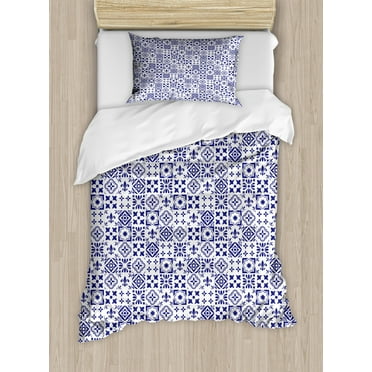 Indigo and White Duvet Cover Set Twin Size, Geometric Pattern Portuguese Azulejo Design Tile Square Abstract Pattern, Decorative 2 Piece Bedding Set with 1 Pillow Sham, Indigo White, by Ambesonne