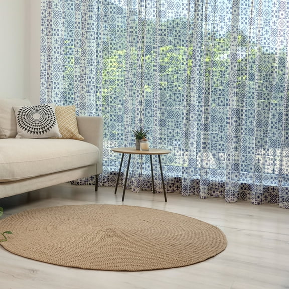 Indigo and White Tulle Curtains with Rod Pocket, Geometric Pattern Portuguese Azulejo Design Tile Square Abstract Pattern, Sheer Drape for Wedding Party 2 Panels, 7 Sizes, Indigo White, by Ambesonne