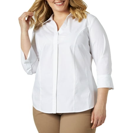 Indigo Womens Plus Bella Poplin 3/4 Sleeves Button-Down Top