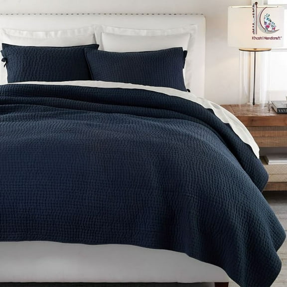 Indigo blue Solid color kantha quilt, Hand stitched luxury bedding sets, Indian cotton blanket DVKQ#04