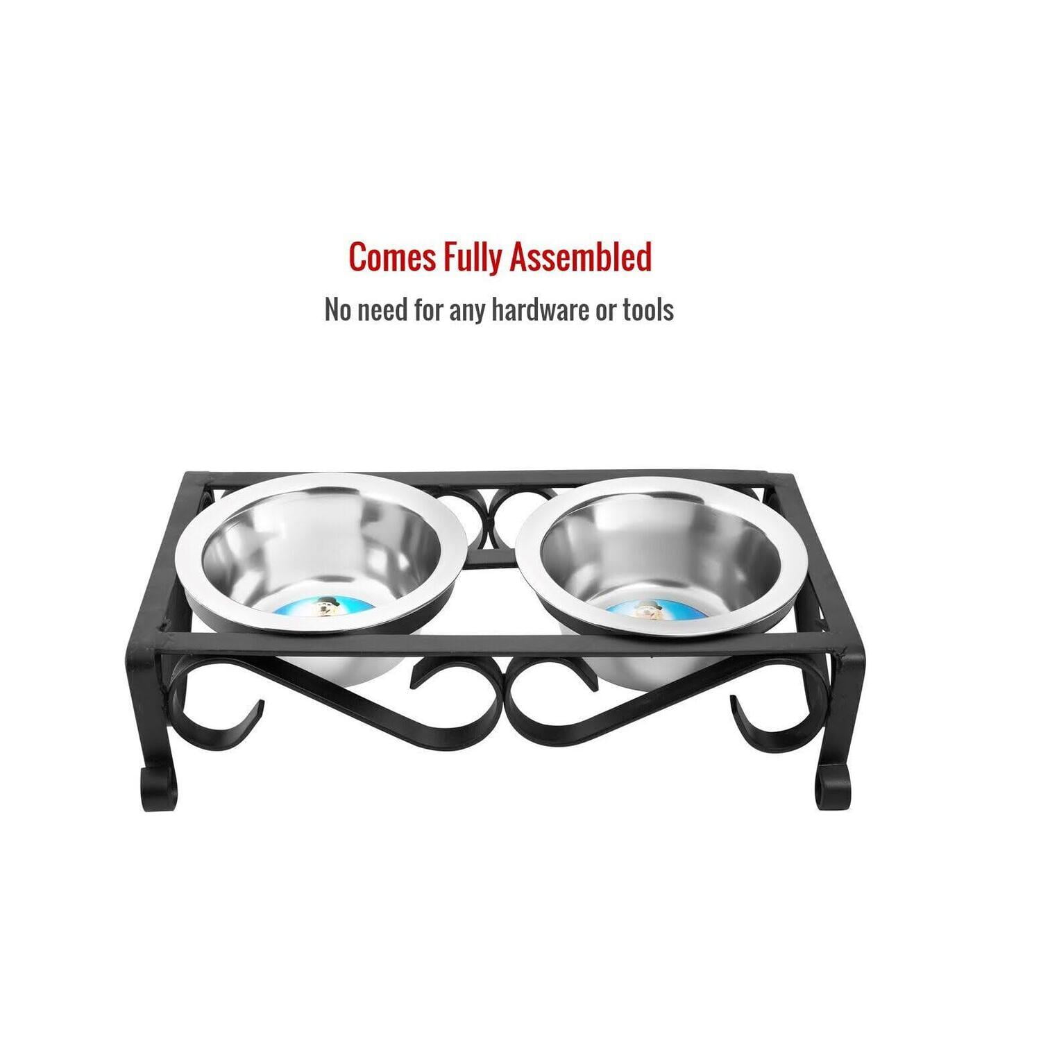 Black Wrought Iron Elevated Feeder with Stainless Steel Bowls