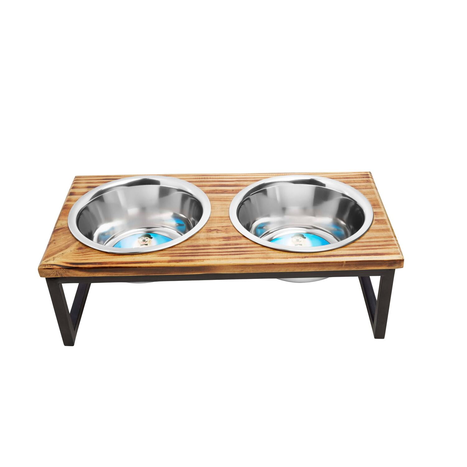 Large Black Metal Elevated Pet Feeder with Stainless Steel Bowls