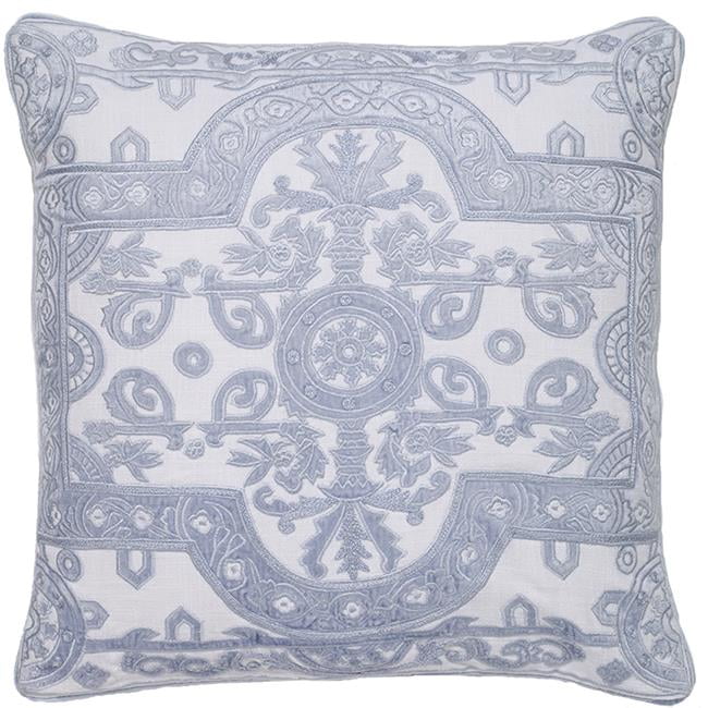 White Linen Square Pillow with Velvet Applique Embroidery