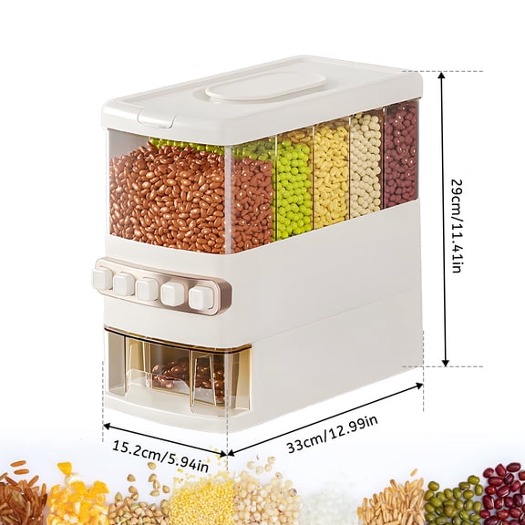 Dry Food Dispenser, Countertop 5-Compartment Cereal Dispenser, 16.5-Pound Rice Dispenser, Kitchen Storage with Measuring Cup