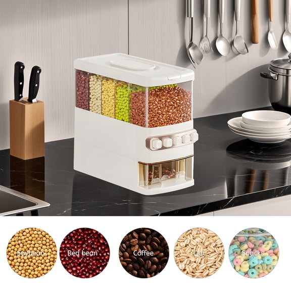 Dry Food Dispenser, Countertop 5-Compartment Cereal Dispenser, 16.5-Pound Rice Dispenser, Kitchen Storage with Measuring Cup