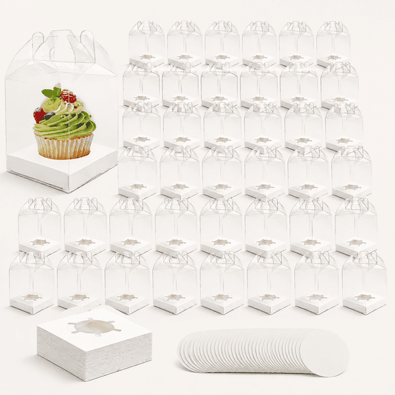 Individual Clear Cupcake Boxes, Single Cupcake Containers, Plastic Cupcake Holders with Handle, Inserts and Sticker