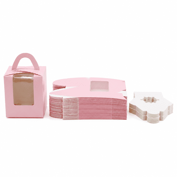 Individual Cupcake Boxes, 25pcs 3.6"x 3.6"x 4.3" Single Cupcake Carrier Containers, Muffin Cupcake Gift Boxes with Window Inserts Handle, for Wedding Birthday Party Treats Gift Packaging Boxes