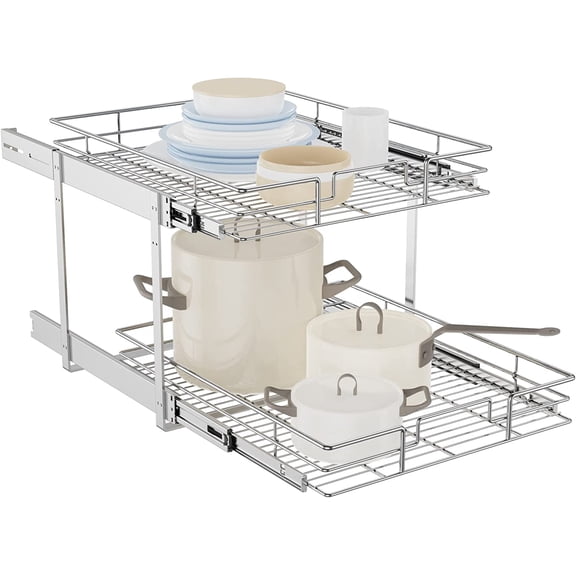 Individual Pull Out Cabinet Organizer, 2 Tier Cabinet Drawers Slide Out, Pots and Pans Organizer and Storage Pantry Shelf for Kitchen (20" W x 21" D)