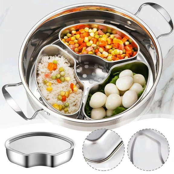 Individual Stainless Steel Divided Food Tray with Lid, Multipurpose Serving Basket for Seafood, Cookware Fan Shaped