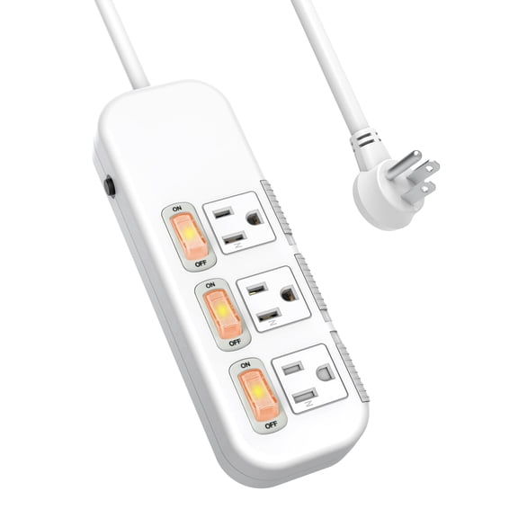 Power Strip with Individual Switches, Extension Cord 3 feet, 3 Outlets, Surge Protector 300J, Overload Protection Switches, White, Wall Mountable Power Bar Flat Plug, Baby Proof Outlet Cover