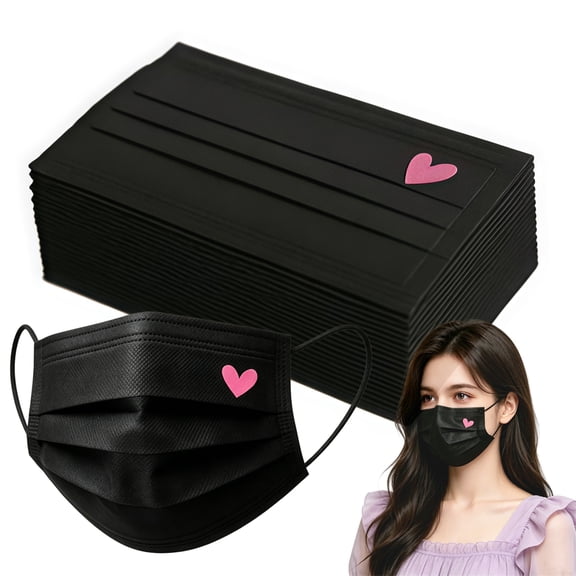 Individually Packaged Face Masks, 3-Layer Breathable Masks with Pink Hearts Print, Black Unisex Disposable Earloop for Adults 50 Pcs