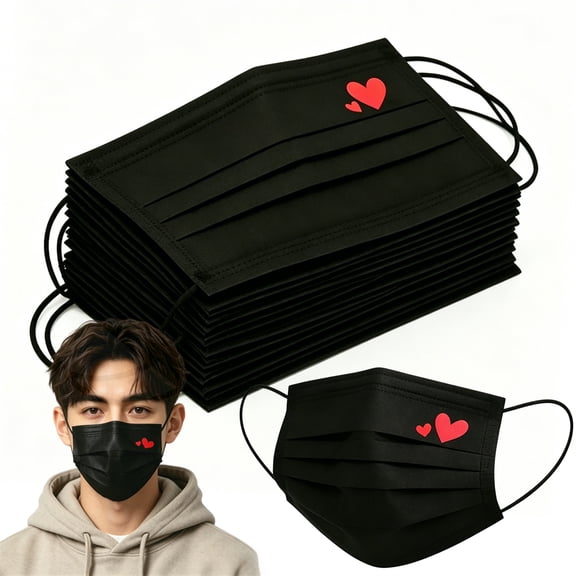 Individually Packaged Face Masks, 3-Layer Breathable Masks with Red Hearts Print, Black Unisex Disposable Earloop for Adults 50 Pcs