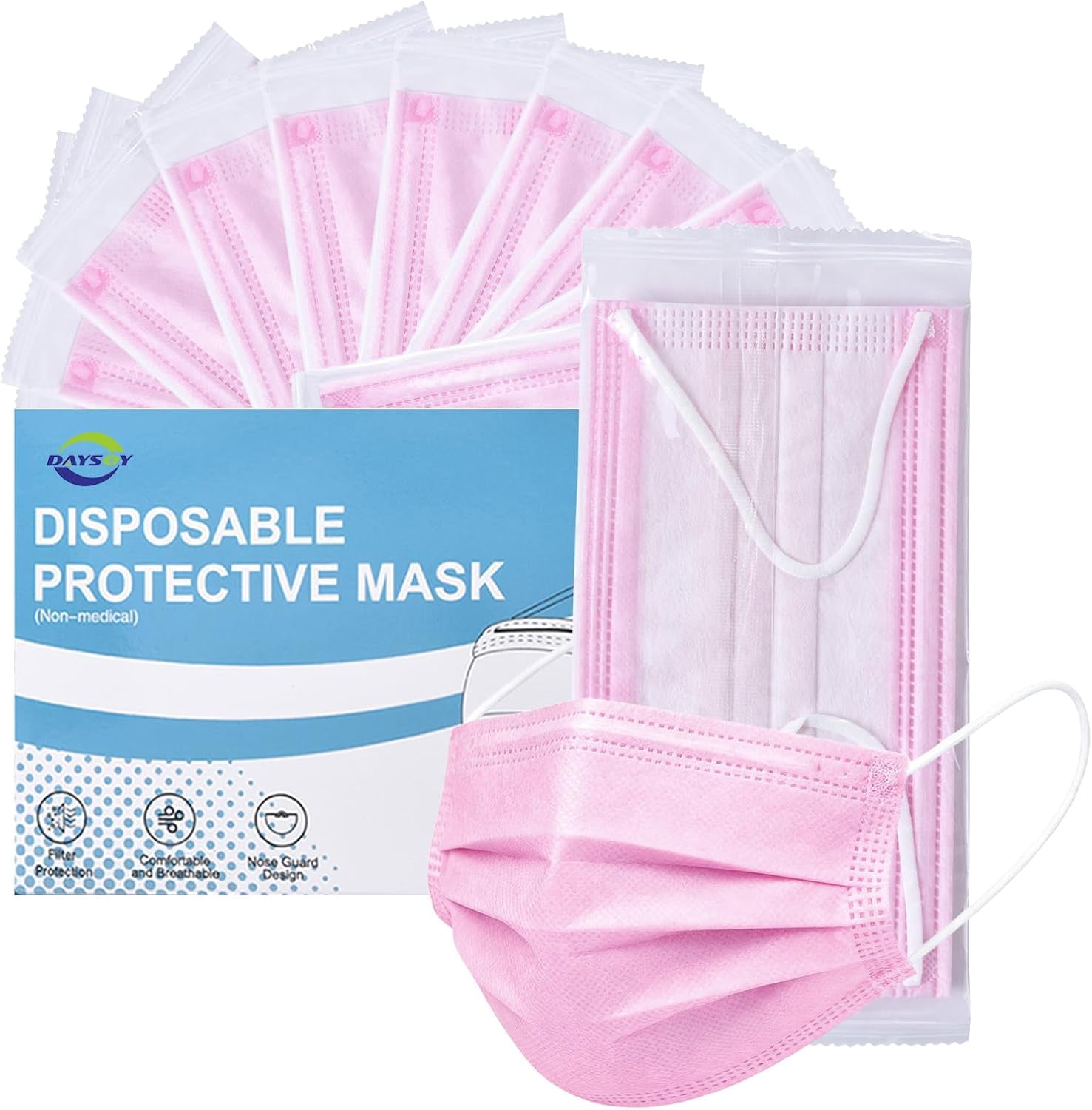 Individually Wrapped 4-Layer Filter Disposable Face Mask Single Use Dust Safety Face Mask Flat Earloop Latex-Free 50pcs