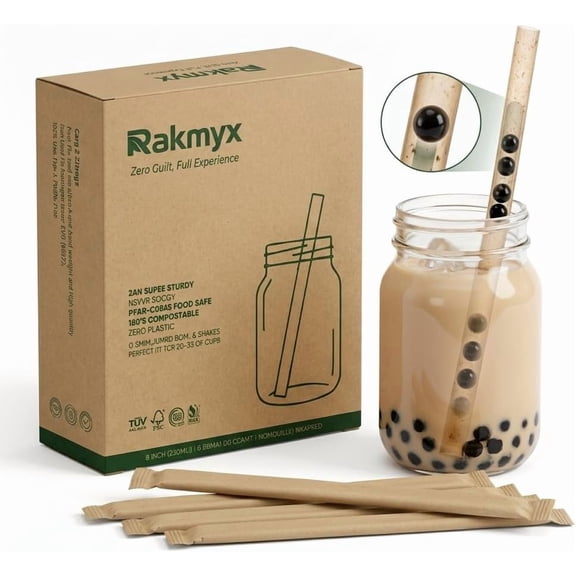 Individually Wrapped Boba Straws, 12mm Sharp Tip, 9 in, 100 Pack | Compostable & Biodegradable, BPI Certified, 24H Never Soggy, Extra Wide for Boba, Smoothies & Tea, Sugarcane Fiber
