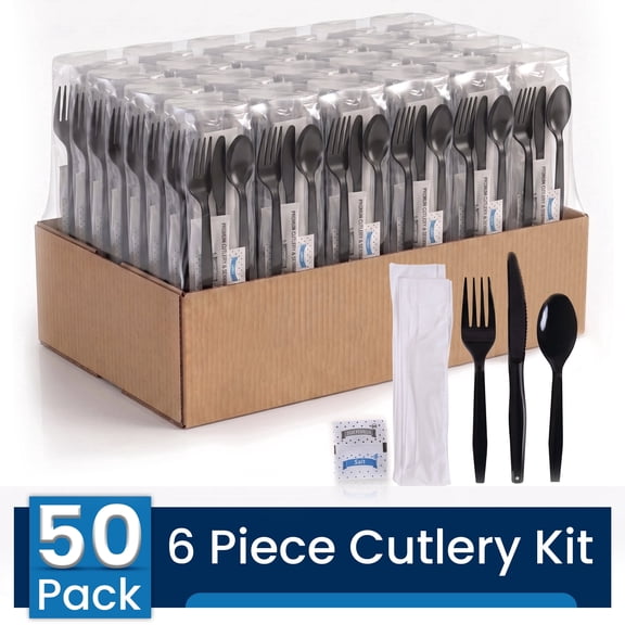 Individually Wrapped Cutlery Packets, 50 Pack – Black Plastic Silverware Kits with Napkin, Salt & Pepper, Heavyweight Fork Spoon Knife To-Go Utensil Sets