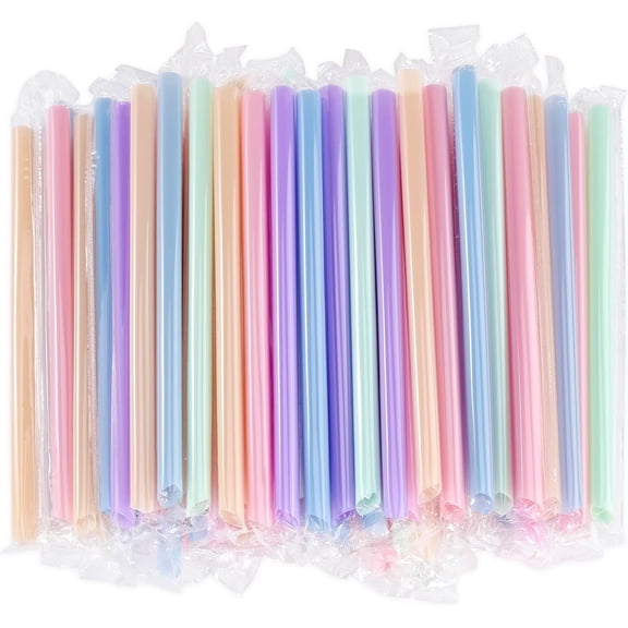 Individually Wrapped Disposable Plastic Smoothie Boba Straws 9.45 In Long 0.43 In Diameter Pastel Color Set 100 Pieces