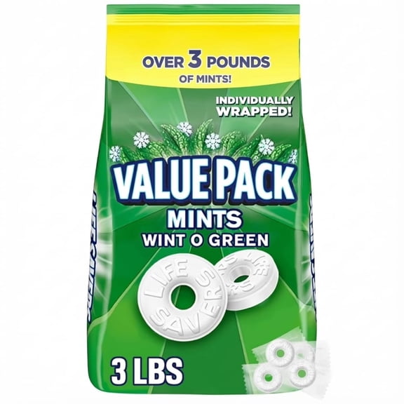 Individually Wrapped Mint Candy Rings, Wint-O-Green Flavor, 3 lb Bulk Value Pack, Hard Mints for Office, Events, Parties, and Everyday Fresh Breath