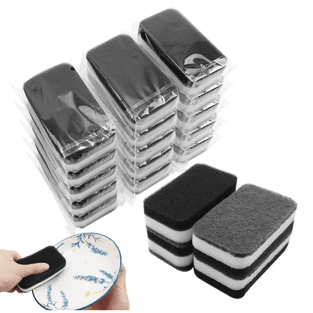 Individually Wrapped Sponges Kitchen Cleaning Sponges Bulk, Dishwashing Sponges Scouring Pad, Odor-Free Loofah Dish Sponge Scrubber for Washing Dishes for Kitchen Household Cleaning 24 Pack (Black)