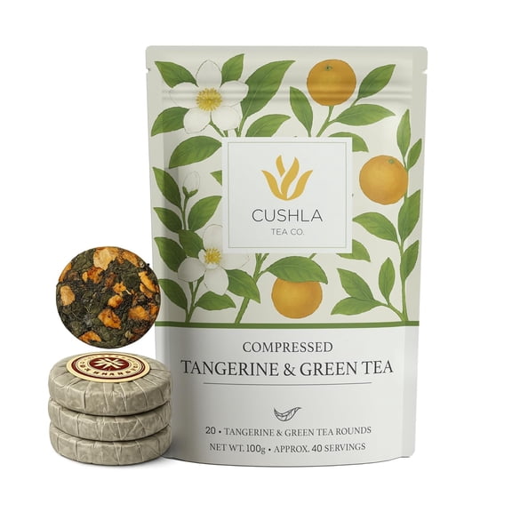 Individually Wrapped Tangerine & Green Tea Coins - Premium Chinese Green Tea with Tangerine Peel | Bright, Citrus & Smooth | 20 Pressed Mini Tea Coin Cakes