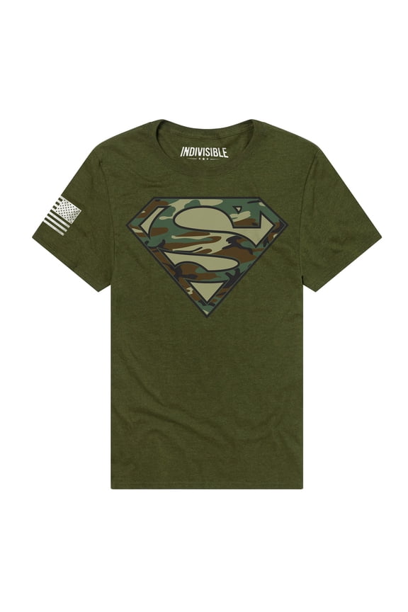 Indivisible Official Superman Camo Logo Men's Classic Ring-Spun T-Shirt, Military Green Heather, Medium