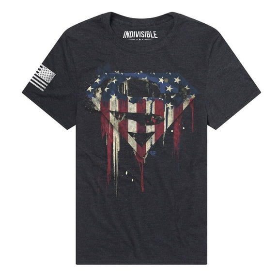 Indivisible Official Superman US Flag Paint Drip Men's Classic Ring-Spun T-Shirt, Black Ink Heather, Medium