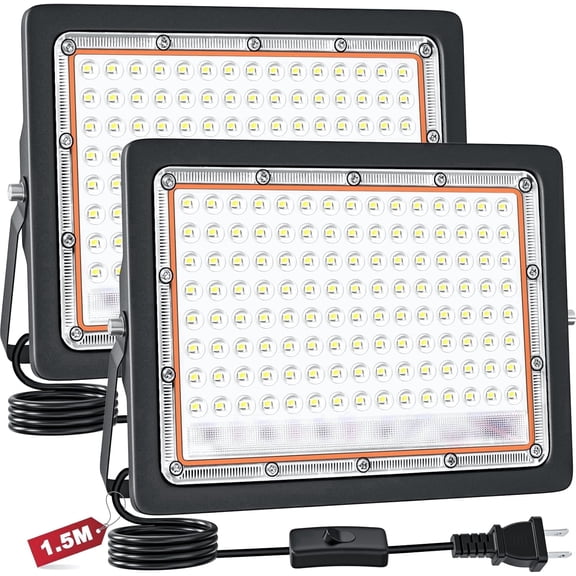 Indmird 2 pack 100W LED Outdoor Floodlights, 10000LM Super Bright Security Light with US Plug&Switch, IP66 Waterproof 6500K Daylight White Floodlight, LED Work Light for Garage, Yard, Garden, Lawn