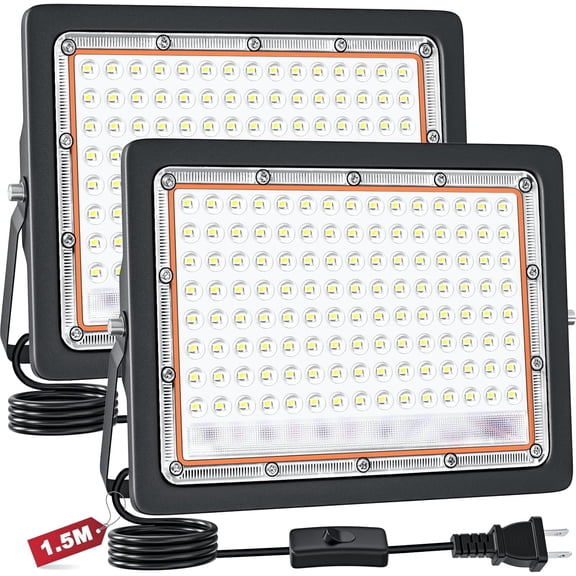 Indmird 2 pack 100W LED Flood Light Outdoor, 20000LM Super Bright Security Light with US PlugSwitch, IP66 Waterproof 6500K Daylight White Floodlight, LED Work Light for Garage, Yard, Garden, Lawn