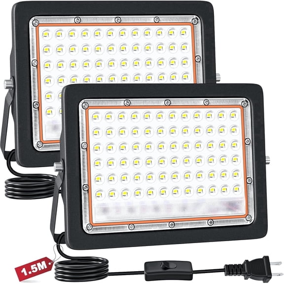 Indmird 2 pack 50W LED Outdoor Floodlights, 5000LM Super Bright Security Light with US Plug&Switch, IP66 Waterproof 6500K Daylight White Floodlight, LED Work Light for Garage, Yard, Garden, Lawn